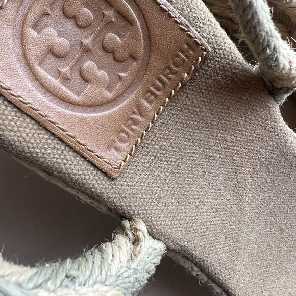 Tory Burch Camelia Tan Taupe Blended Jute Espadrille Wedge Sandal Ankle Strap 10 - Picture 14 of 16